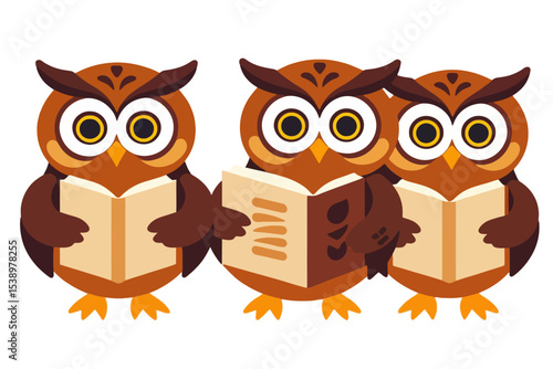 Three Wise Owls Reading Books-Cute Cartoon Owls-Educational Illustration for Kids-Back to School Theme-Owl Readers-Children's Book Clipart-Owl Characters