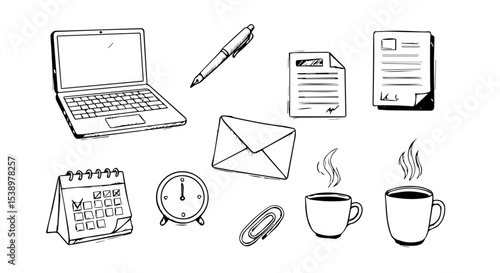 Hand Drawn Office Supplies Laptop Calendar Pen Coffee Workspace Illustration