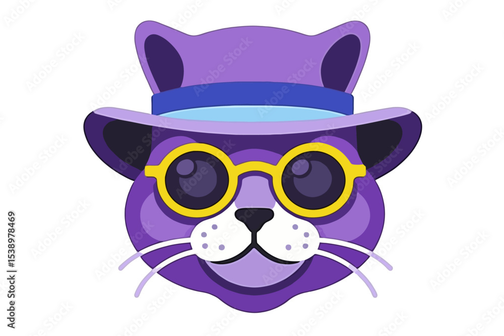 Fototapeta premium Purple Cat with Hat and Glasses Illustration- Whimsical Feline Art for Design Projects- Unique Cat Character Design for Kids and Adults