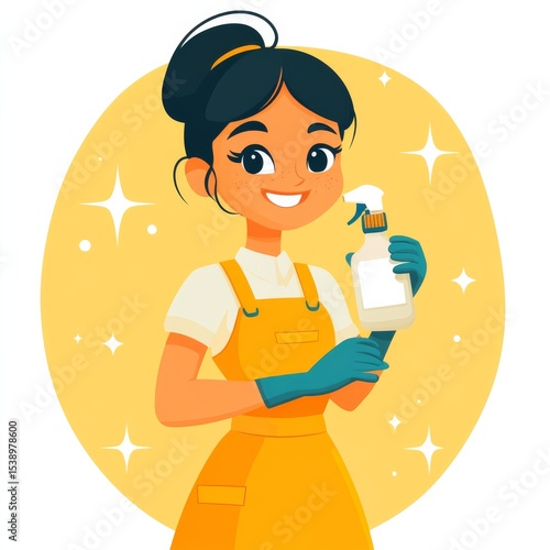 Cheerful Cleaning Lady with Spray Bottle: A Cartoon Illustration of Housekeeping and Hygiene, Promoting Cleanliness and Professional Service with a Happy Demeanor