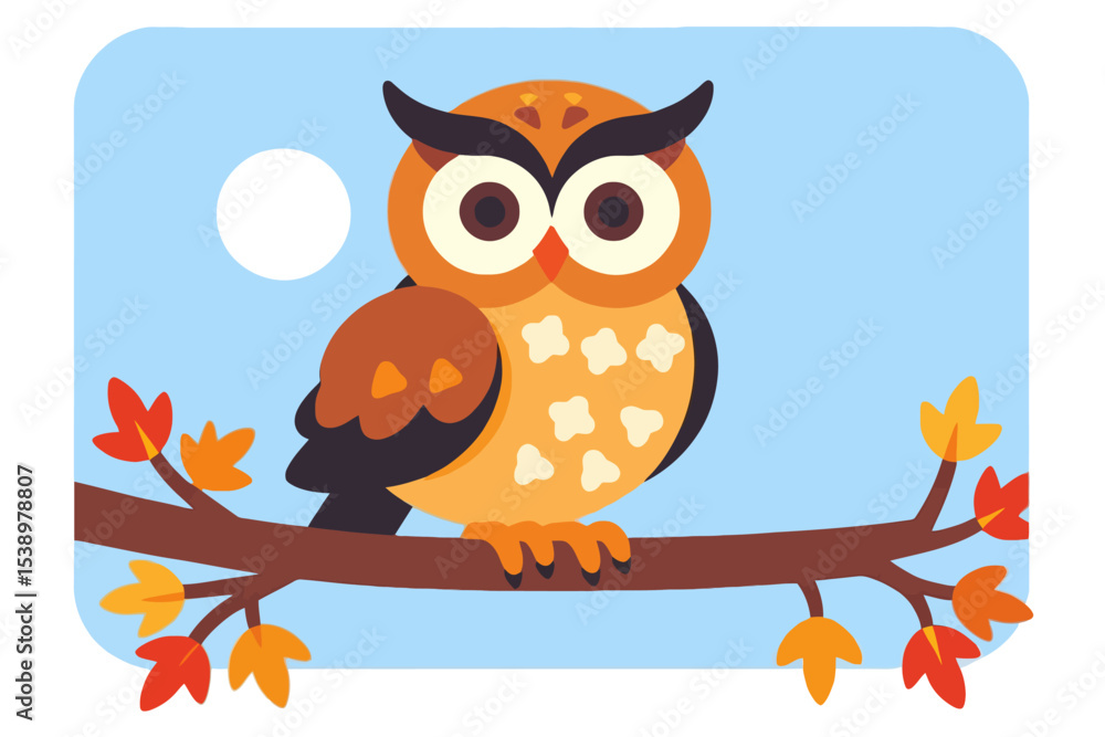 Fototapeta premium Cute Cartoon Owl on Branch with Autumn Leaves- Whimsical Illustration of a Forest Animal- Perfect for Kids Books and Educational Materials- Nature Inspired Art