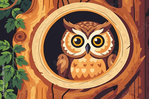 Cartoon Owl Peeking From Tree Hollow-Cute Forest Animal Art-Whimsical Wildlife Illustration-Nature Inspired Design-Adorable Owl Portrait-Kids Room Decor