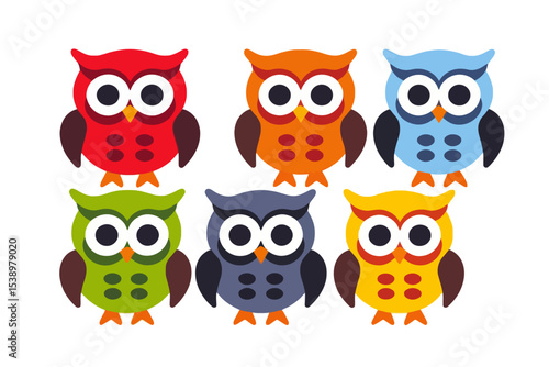 Wallpaper Mural Colorful Owls Illustration- Cute Cartoon Owl Characters- Vector Image of Red Orange Blue Green Grey and Yellow Owls on White Background Torontodigital.ca
