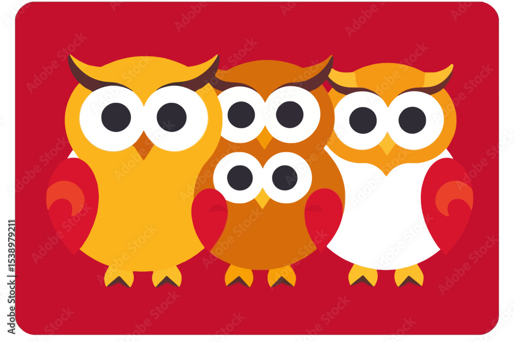 Fototapeta premium Cute Cartoon Owls Illustration - Colorful Owl Family Design - Perfect for Kids Room Decor - Whimsical Animal Art - Fun and Playful Illustration- Red Background