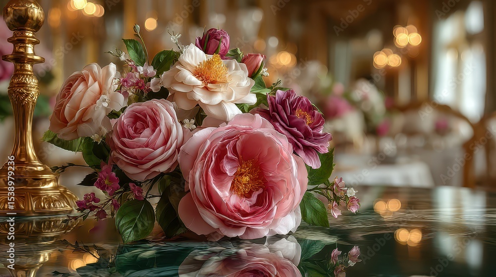 Fototapeta premium Elegant floral arrangement with roses and peonies displayed in a luxurious dining setting during evening hours