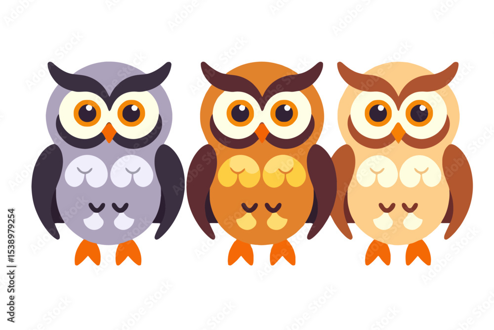 Fototapeta premium Cute Cartoon Owls Illustration- Whimsical Trio of Owls- Funny Animal Vector Art- Colorful Owls Design for Kids- Owl Graphic Design- Owl Clipart for Crafts