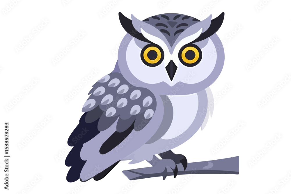Obraz premium Cute Owl Cartoon Illustration-Detailed Owl Image-Whimsical Owl with Yellow Eyes-Owl Perched on a Branch-Ideal for Kids and Nature Themes-Owl Vector Design