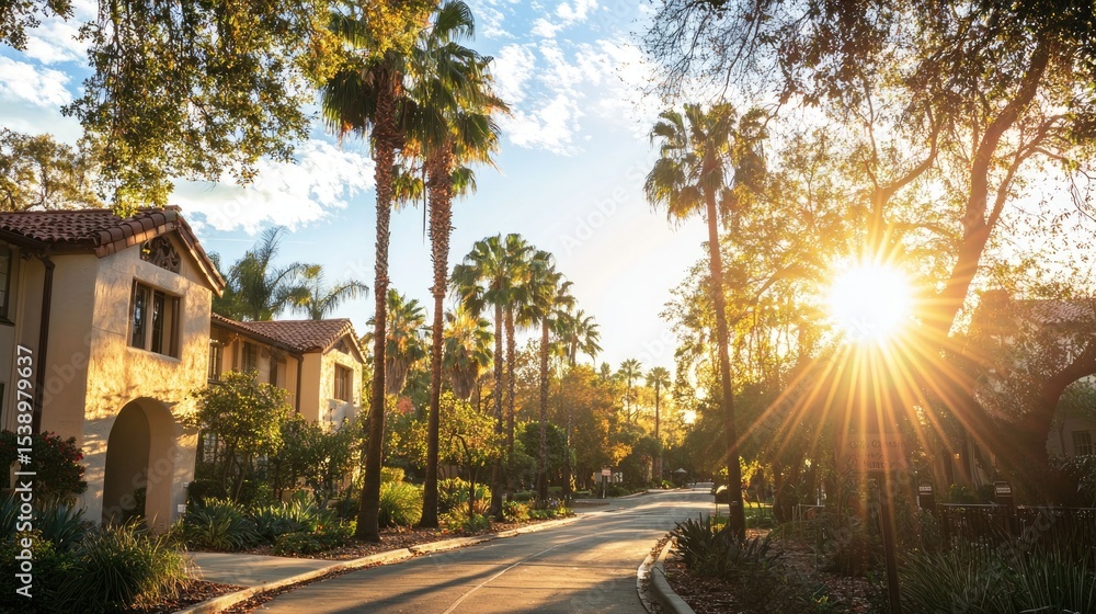 Naklejka premium Scenic street with palm trees and sunlight filtering through the leaves.