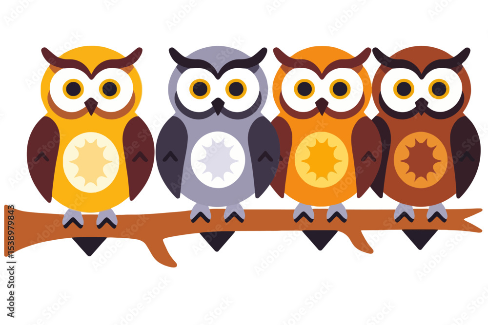 Fototapeta premium Colorful Cartoon Owls on a Branch Illustration- Whimsical Owl Family Art- Perfect for Kids Room Decor- Cute Animated Owl Design for Children- Owl Themed Graphics