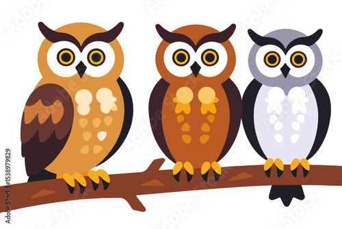Three Cute Cartoon Owls Perched on a Branch Illustration- Whimsical Owl Artwork for Kids- Colorful Bird Graphics for Educational Materials and Decor- Owl Clipart Design