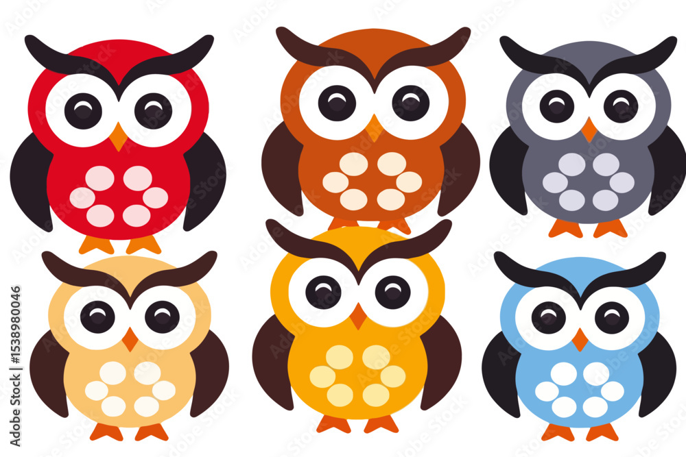 Fototapeta premium Colorful Owls Illustration-Cute Cartoon Owl Characters in Red Brown Gray Yellow and Blue-Kids Room Decor-Owl Clipart for Crafts and Scrapbooking