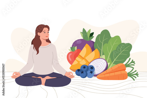 Mindful Eating A Woman Meditating with Colorful Fruits and Vegetables, vector