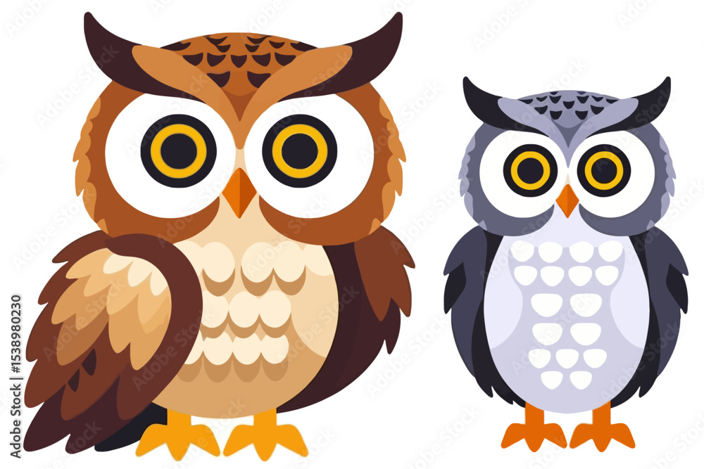 Fototapeta premium Cute Cartoon Owls Illustration- Adorable Bird Characters with Big Eyes - Perfect for Kids and Animal Lovers-Owl Graphics for Your Design Projects