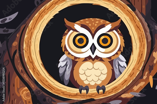 Cute Cartoon Owl in Tree Hollow Illustration-Whimsical Forest Creature-Artistic Wildlife Image-Perfect for Children's Decor-Nature Inspired Design