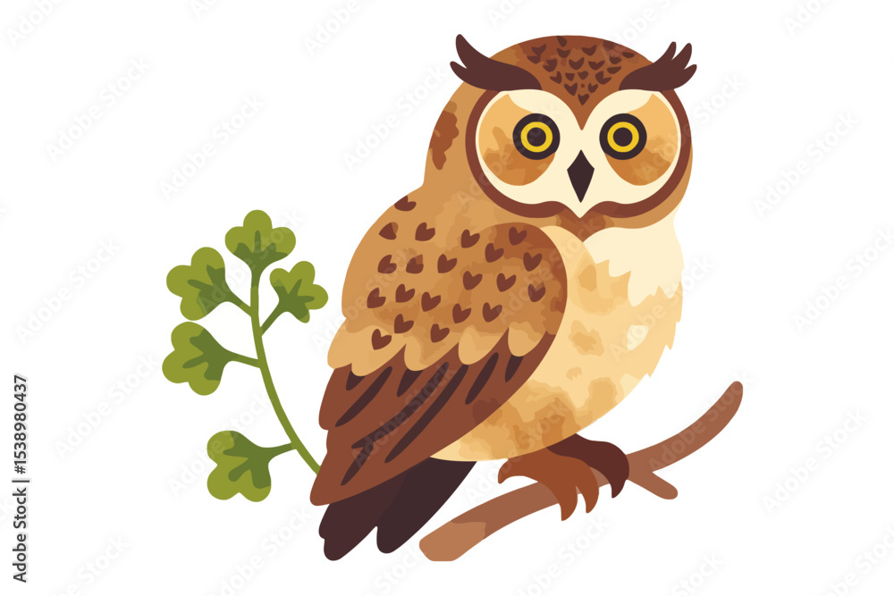 Fototapeta premium Cute Owl Illustration-Cartoon Bird Perched on Branch-Wildlife Art-Adorable Animal Graphic-Nature Inspired Design-Owl Lovers Gift-Forest Creature Decor
