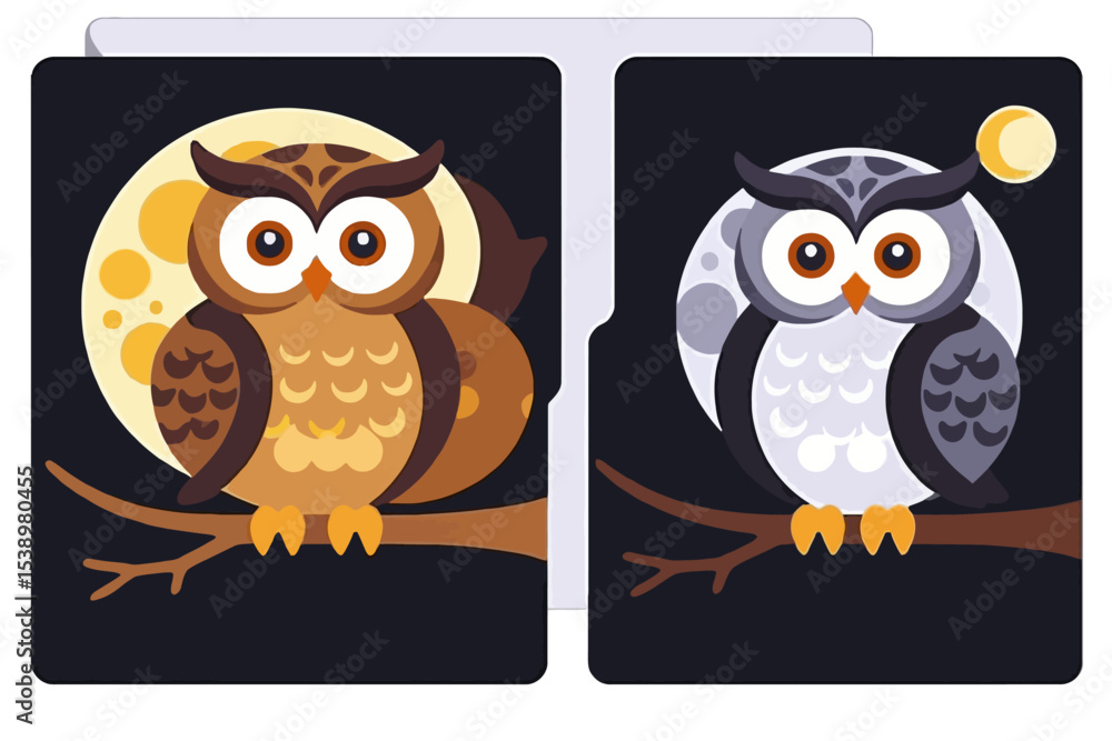 Naklejka premium Cute Owl Night Illustration- Whimsical Moonlit Owls on Branch- Cartoon Bird Art for Kids Decor- Playful Night Sky Theme for Nursery- Adorable Owl Graphics