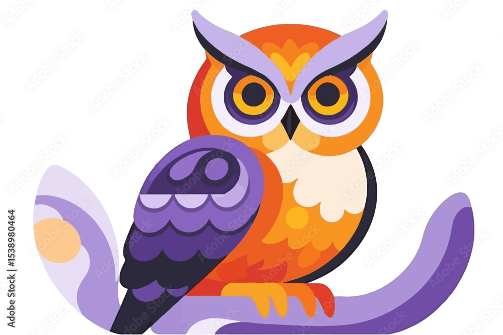 Obraz premium Cute Owl Vector Graphic- Colorful Bird Illustration- Cartoon Owl Perched on Branch- Modern Design for Kids- Animal Illustration for Web and Print- Owl Art Print