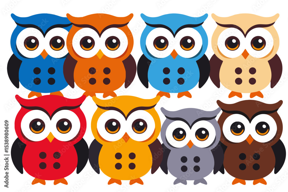 Fototapeta premium Colorful Cartoon Owls- Cute Owl Illustrations- Owl Clipart for Crafts- Kids Room Decor- Whimsical Animal Art- Owl Graphics for Digital Projects- Creative Owl Design