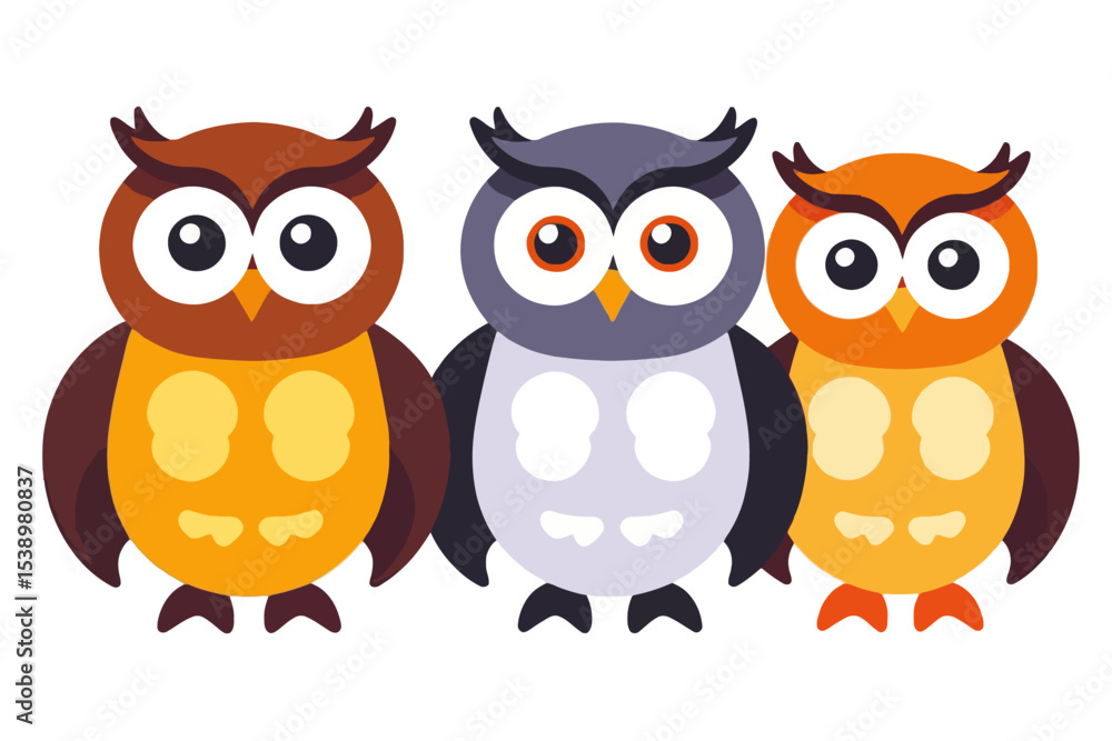 Obraz premium Cute Cartoon Owls Illustration - Funny Colorful Owl Characters for Kids - Educational Animal Graphics for Children - Cheerful Owls Clipart