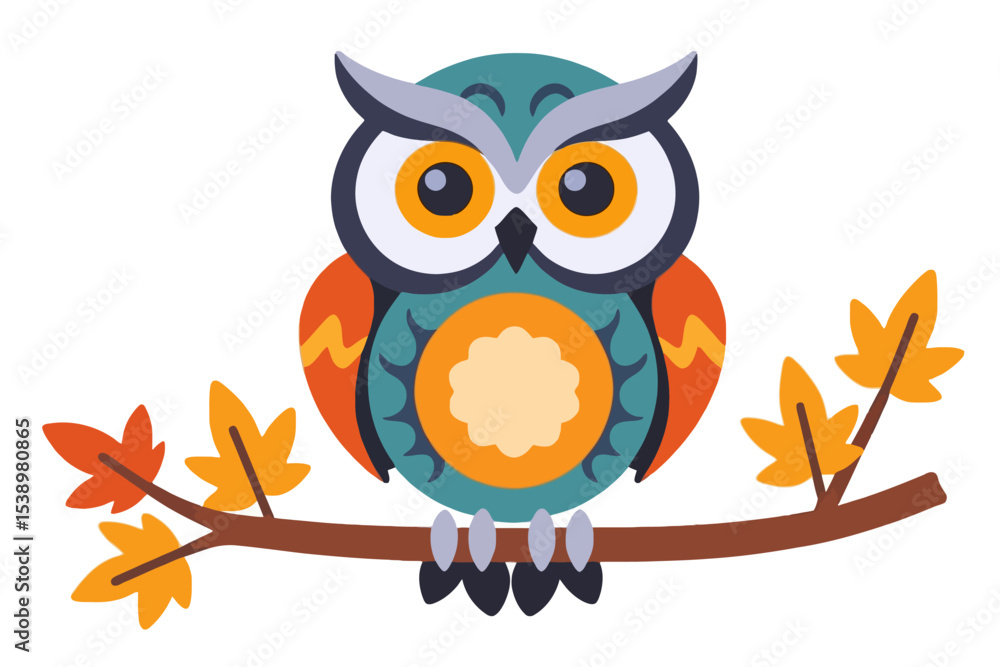 Fototapeta premium Cute Cartoon Owl on Branch with Autumn Leaves Illustration-Whimsical Fall Decor Art-Colorful Bird Graphic for Kids-Perfect for Seasonal Designs-Nature Inspired Image