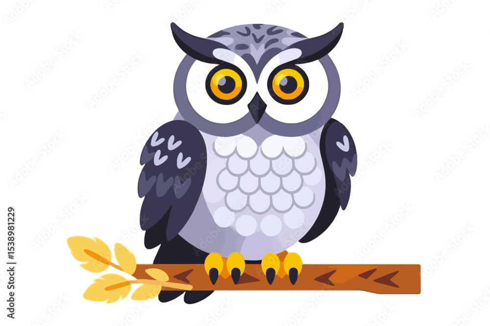 Naklejka premium Cute Cartoon Owl Illustration - Whimsical Owl Perched on Branch - Owl Art for Kids and Adults - Great Horned Owl Graphic - Yellow Eyes - Winged Animal Artwork