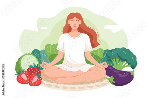 Mindful Eating A Woman Meditating Amidst Fresh Produce, vector