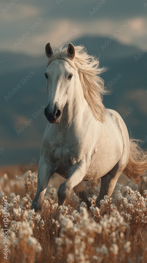 Obraz premium Majestic white horse gallops through a field of blooming flowers at sunset in the countryside