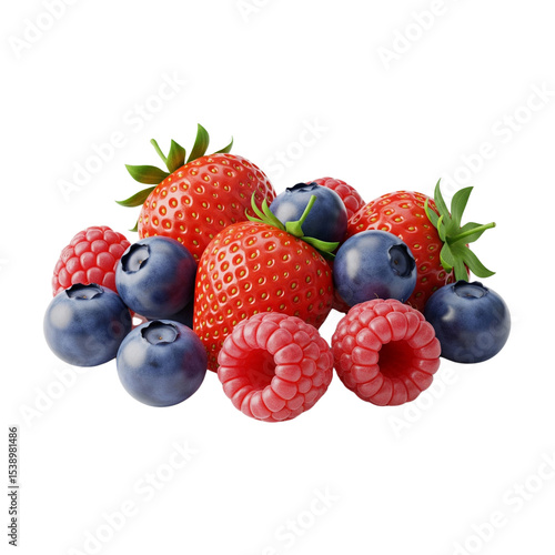 Fresh strawberries raspberries and blueberries pile