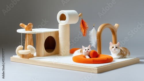 Expansive and versatile cat activity center with multi-level modular climbing platforms and toys to stimulate and entertain feline companions.