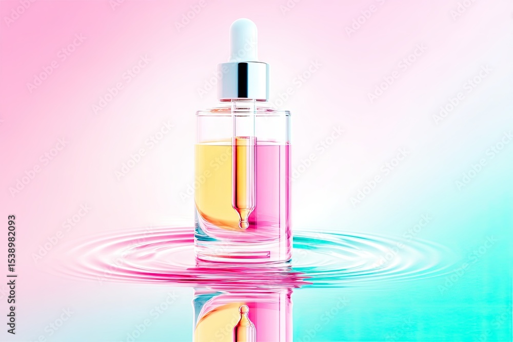 Pink Yellow and Teal Cosmetic Dropper Bottle on Reflective Surface Pink Yellow and Teal Cosmetic Dropper Bottle on Reflective Surface