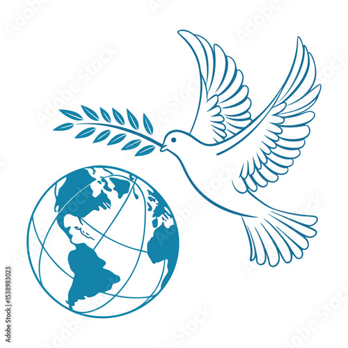 A serene dove carrying an olive branch, soaring above a teal globe, isolated on white background