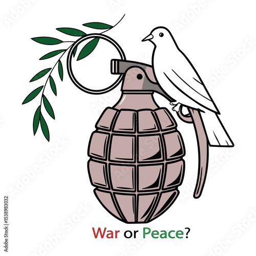 A white dove of peace perches on a grenade, isolated on white background