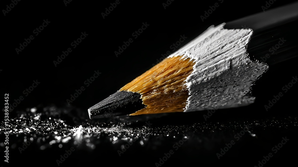 Close up of sharpened pencil with shavings on black background art design Close up of sharpened pencil with shavings on black background art design