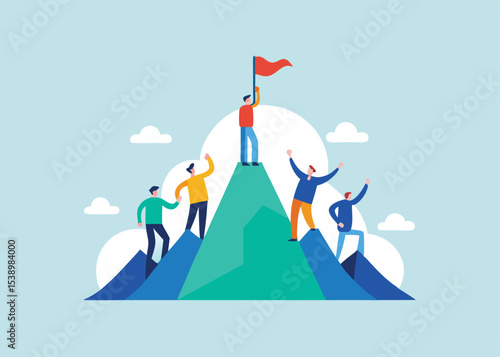 Businessman and woman teamwork silhouette on a hilltop for success concept illustration