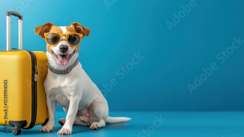 A well-dressed dog wearing fashionable sunglasses sits next to a suitcase, ready for an adventure or vacation