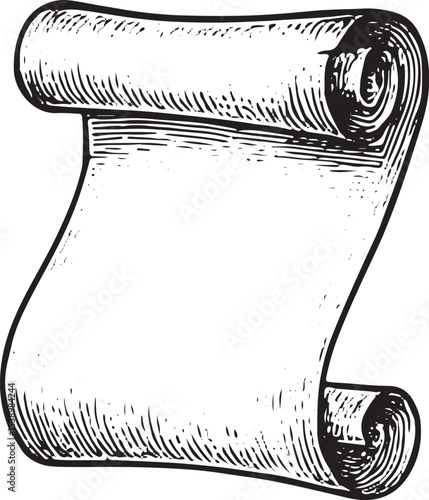 A hand-drawn old papyrus roll with a tight curl on the left, featuring a weathered texture and blank surface, ideal for vintage invitations or historical designs
