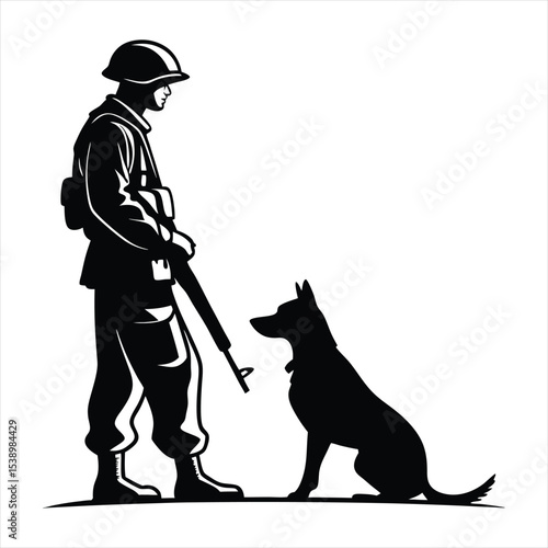 A vector silhouette design of a military dog ​​and handler, white background.
