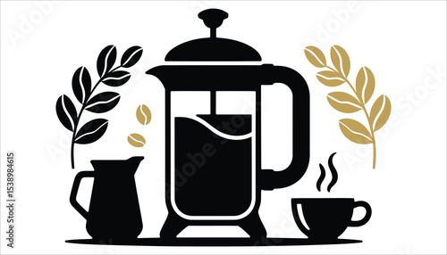 French Press Coffee Vector with Cup and Beans