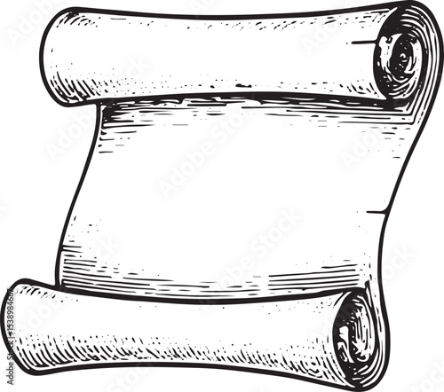 A hand-drawn old papyrus roll with a tight curl on the left, featuring a weathered texture and blank surface, ideal for vintage invitations or historical designs