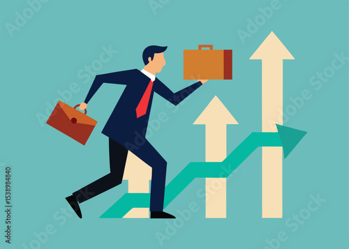 Cartoon businessman running with a briefcase, a symbol of success and growth for the company