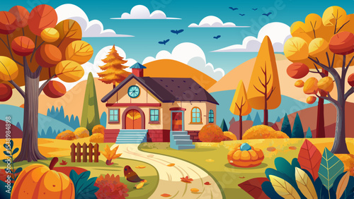 Charming cottage surrounded by autumn trees, colorful leaves, pumpkins and mountains under a bright blue sky with birds flying and fluffy white clouds