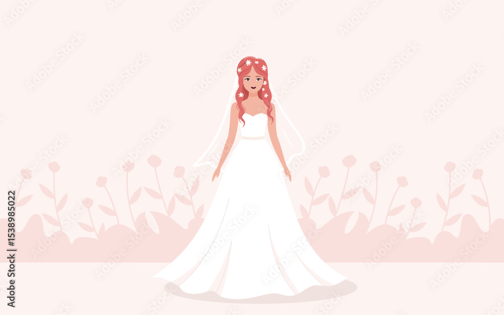 Elegant Bride in Flowing Wedding Gown Flat Vector Illustration Elegant Bride in Flowing Wedding Gown Flat Vector Illustration