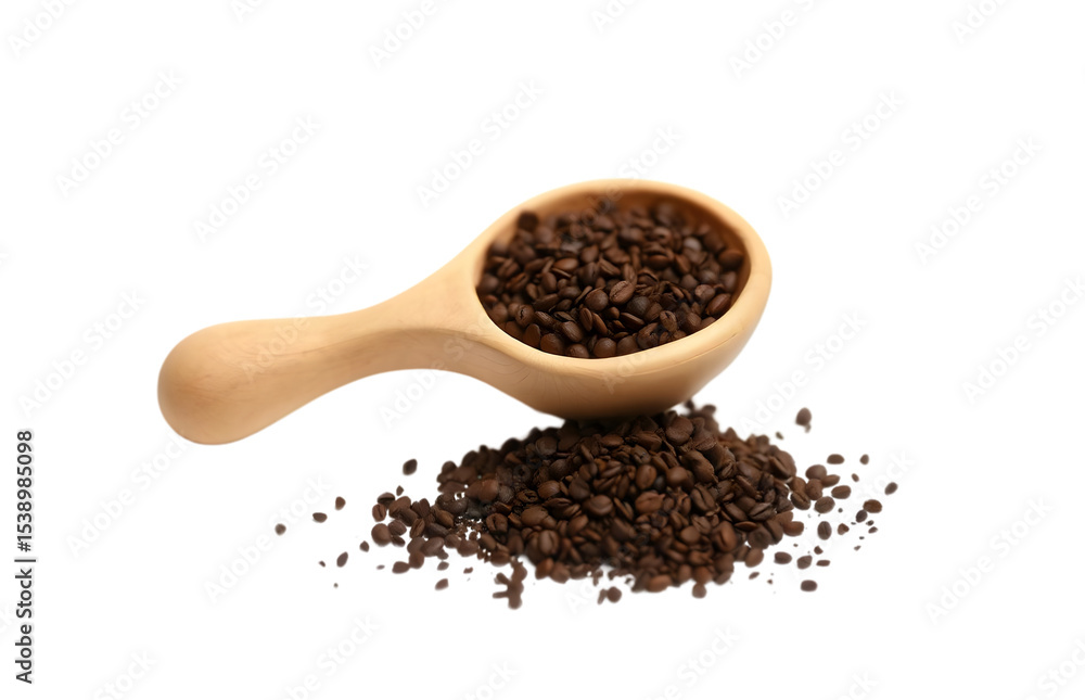 Roasted coffee beans in wooden spoon spilling onto surface Roasted coffee beans in wooden spoon spilling onto surface