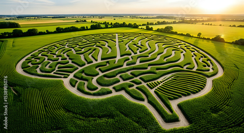 Aerial view of a brain shaped maze in a green field with a sunset in the background landscape scene