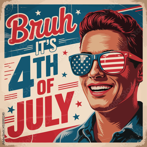 Patriotic fourth of july celebration illustration featuring a smiling person wearing sunglasses