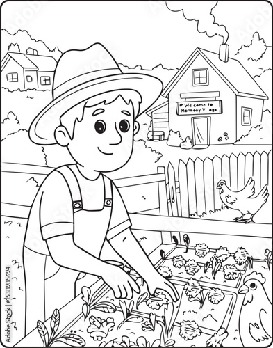 A cute farmer feeding hens in farm house vector outline coloring page for kids