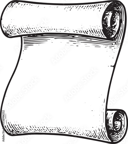 A hand-drawn old papyrus roll with a tight curl on the left, featuring a weathered texture and blank surface, ideal for vintage invitations or historical designs
