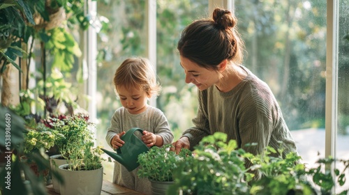 Wallpaper Mural A mother and child engaging in gardening together indoors. Torontodigital.ca