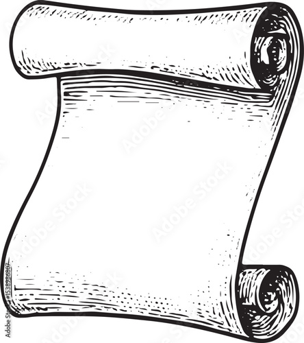 A hand-drawn old papyrus roll with a tight curl on the left, featuring a weathered texture and blank surface, ideal for vintage invitations or historical designs