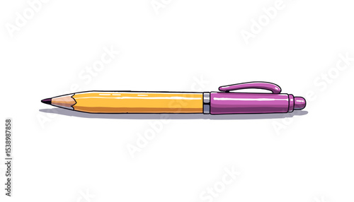 Yellow and purple ballpoint pen on white background in simple sketch style    